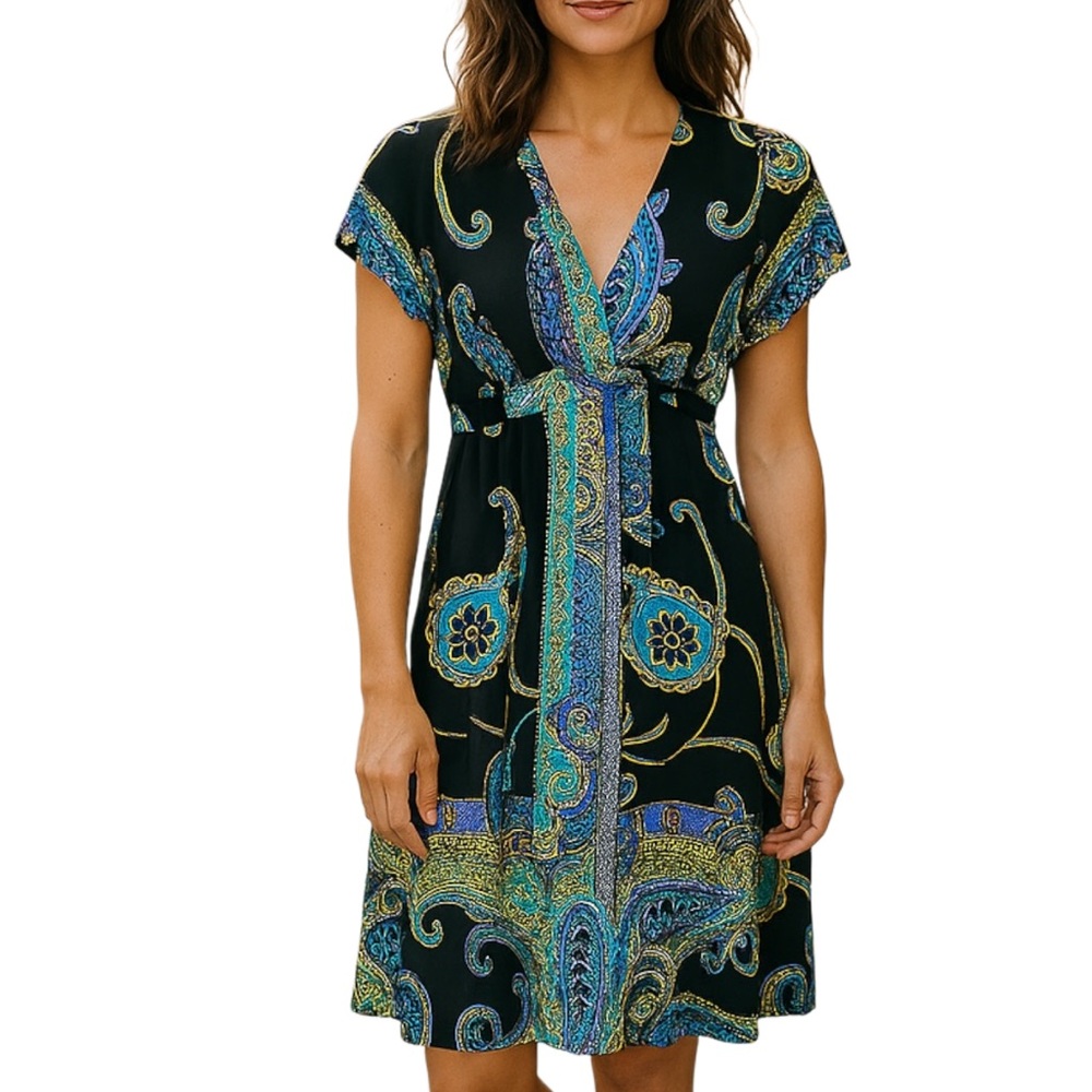 SNAP Black Tie Boho Dress With Blue and Green Paisley Print Womens Size Medium